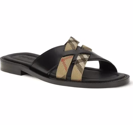 Burberry Black Calf Leather Bos Taurus Flat Sandals