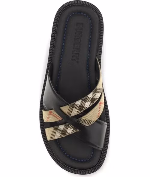 Burberry Black Calf Leather Bos Taurus Flat Sandals