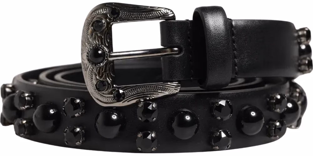 Dolce & Gabbana Men Black Calf Embellished Metal Buckle Belt