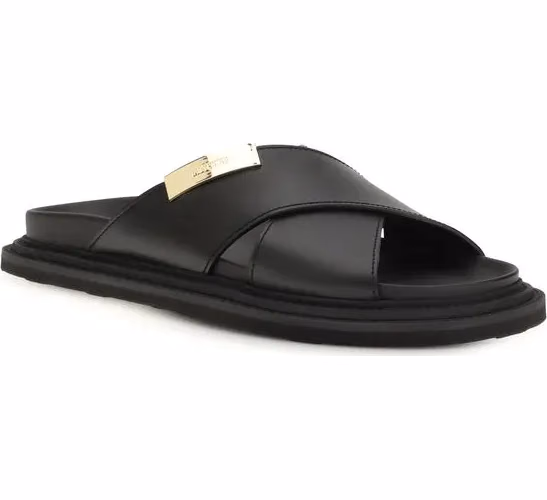 Moschino Black Calf Leather Bos Taurus Flat Sandals