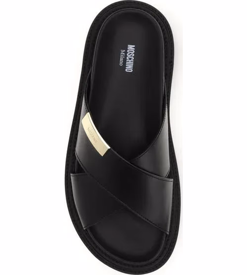 Moschino Black Calf Leather Bos Taurus Flat Sandals