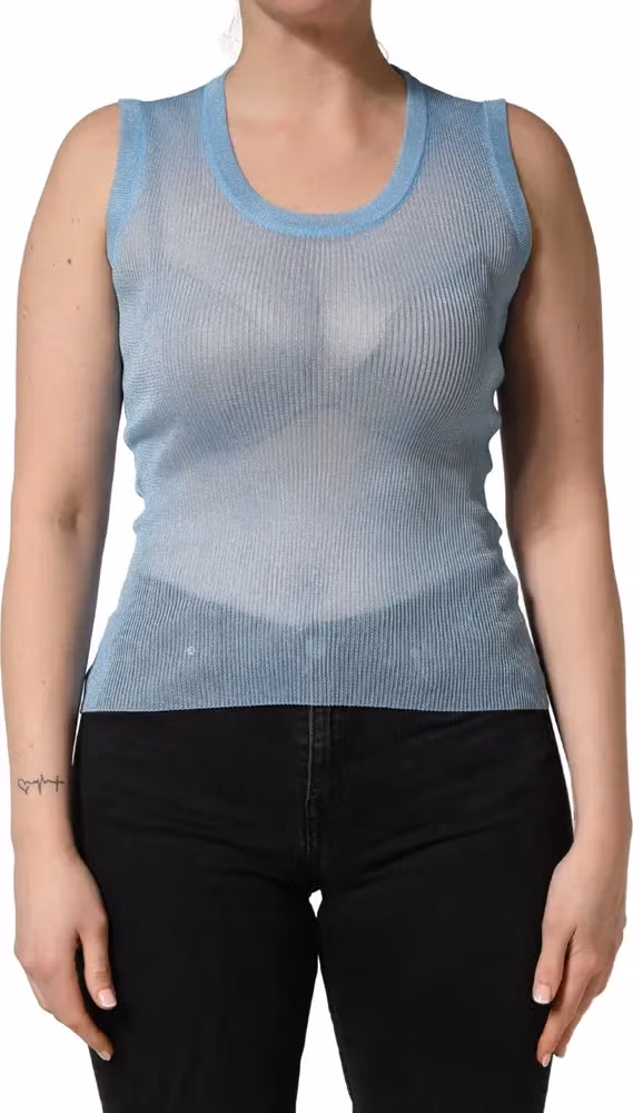 Dolce & Gabbana Blue Semi Sheer Ribbed Sleeveless Tank Top