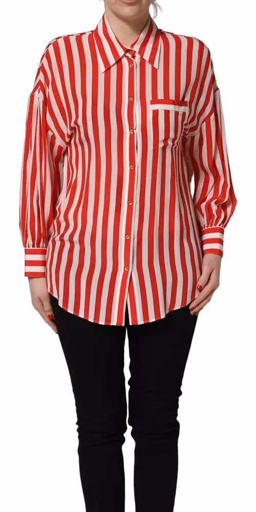 Dolce & Gabbana Red White Striped Long Sleeve Silk Blouse Top