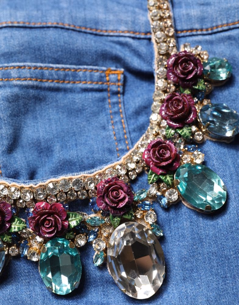 Dolce & Gabbana Blue Cotton Embellished BermudaDenim Shorts