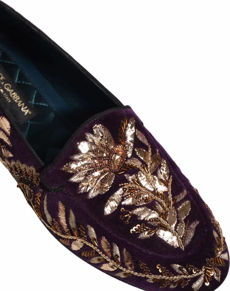Dolce & Gabbana Violet Velvet Floral Embroidery Loafers Shoes