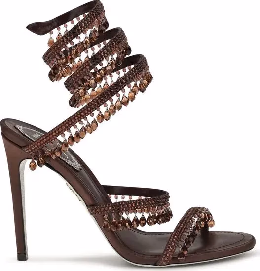 RENE CAOVILLA Brown Silk Stiletto Heel Sandals