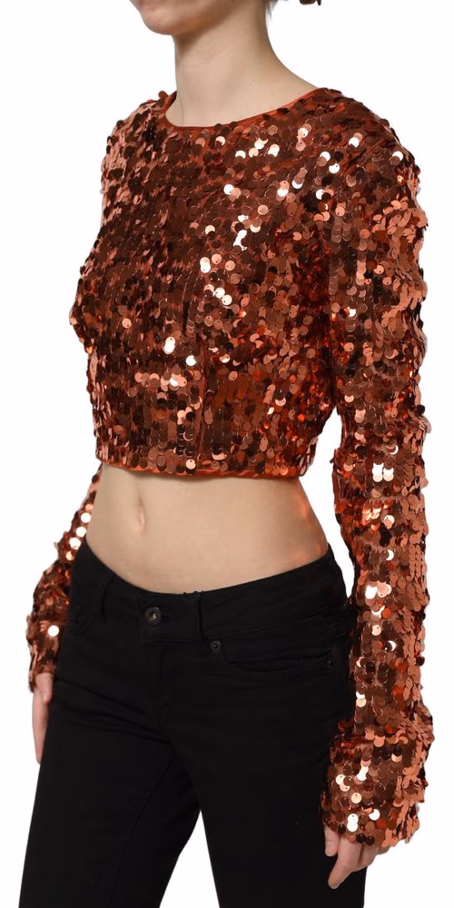 Dolce & Gabbana Red Sequined Long Sleeves Crop Blouse Top
