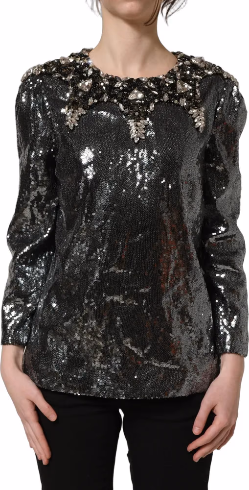 Dolce & Gabbana Metallic Gray Sequin Embellished Blouse Top