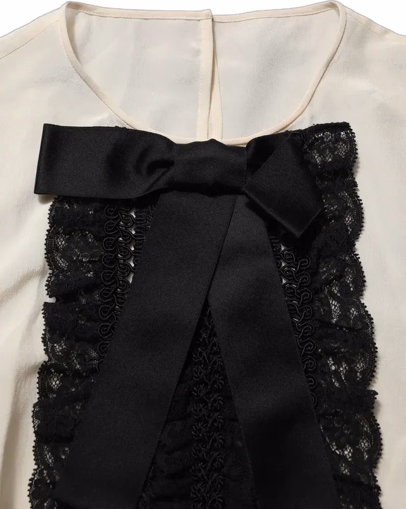 Dolce & Gabbana White Lace Trim Bow Short Sleeves Blouse Top