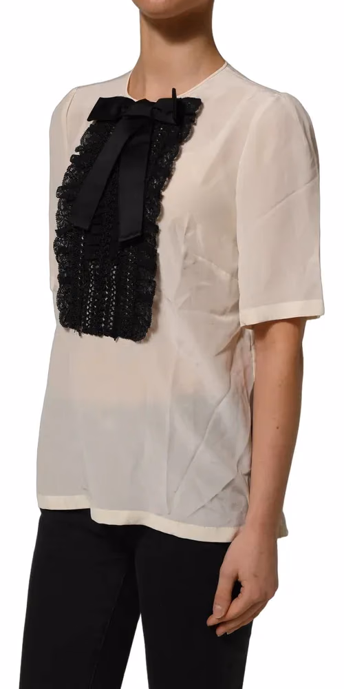 Dolce & Gabbana White Lace Trim Bow Short Sleeves Blouse Top