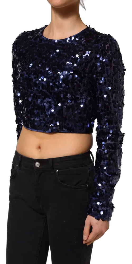Dolce & Gabbana Blue Sequined Long Sleeves Crop Blouse Top