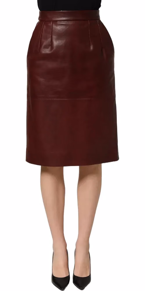 Dolce & Gabbana Burgundy Leather High Waist Pencil Midi Skirt