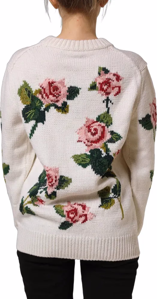 Dolce & Gabbana White Wool Floral Crew Neck Pullover Sweater