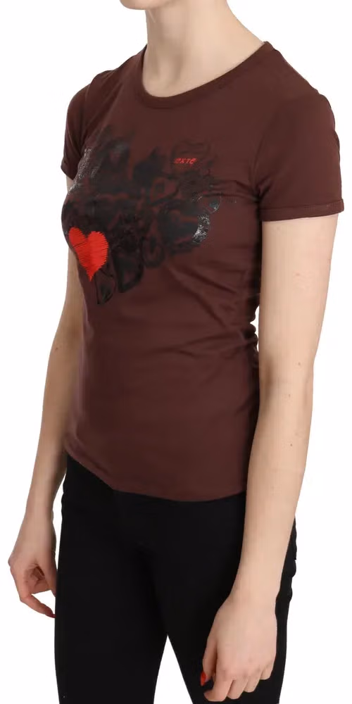 Exte Brown Hearts Printed Round Neck T-shirt Top