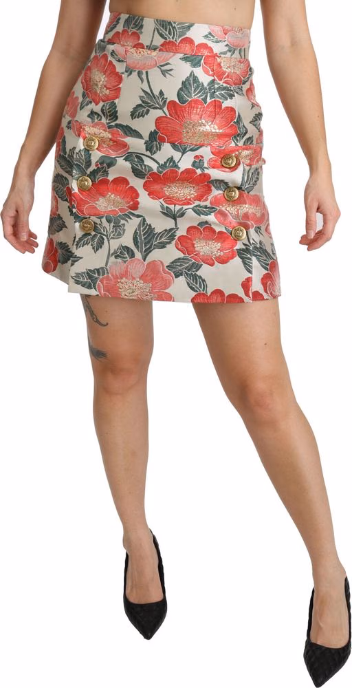 Dolce & Gabbana White Green Red Floral High Waist Mini Skirt