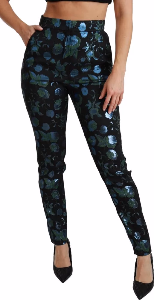 Dolce & Gabbana Blue Green Floral Metallic Slim Pants