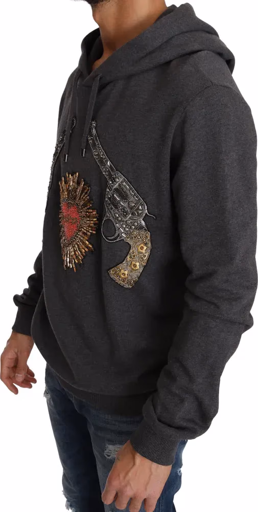 Dolce & Gabbana Gray Hooded Red Crystal Heart Gun Sweater