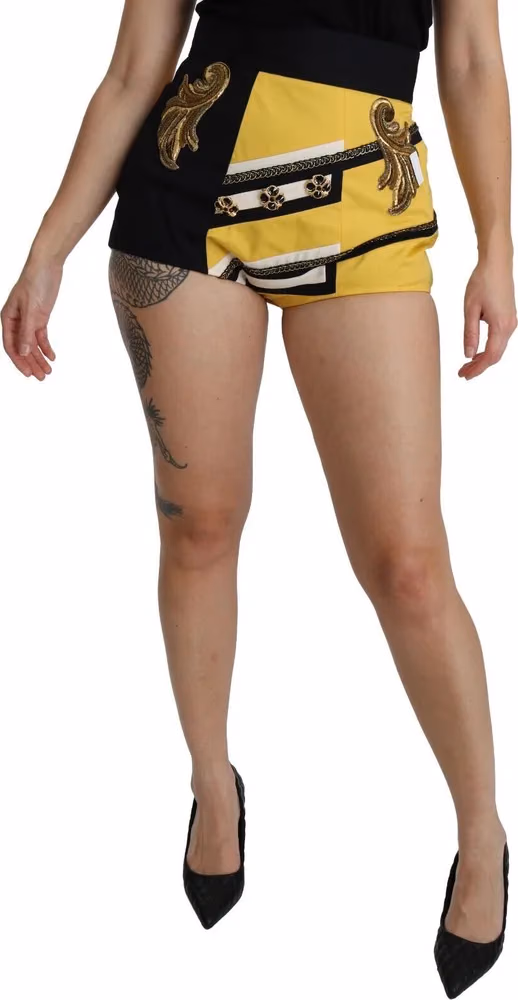 Dolce & Gabbana Yellow Black Cotton Jewelled Hot Pants Shorts