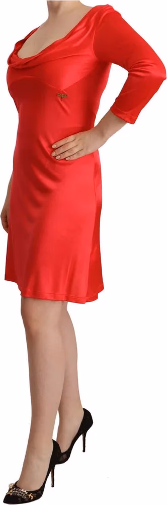 John Galliano Red Viscose 3/4 Sleeves Deep Round Neck Sheath Dress