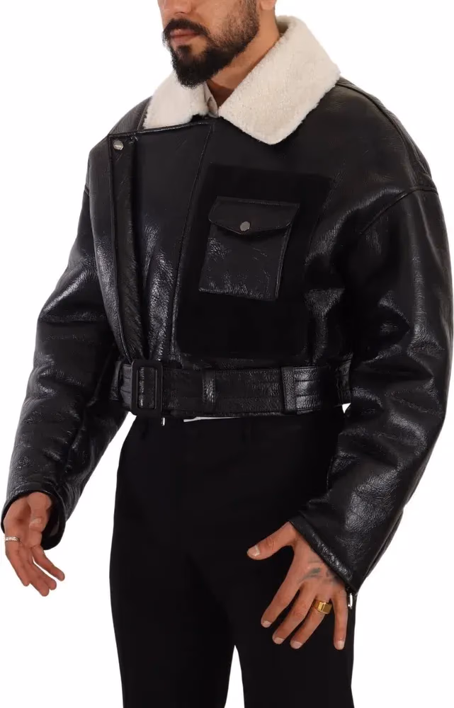 Dolce & Gabbana Black Leather Shearling Biker Coat Jacket