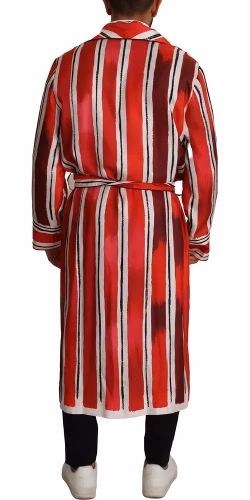 Dolce & Gabbana Red White Striped Silk Mens Night Gown Robe