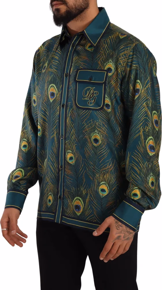 Dolce & Gabbana Peacock Feather Print Silk Pajama Mens Shirt