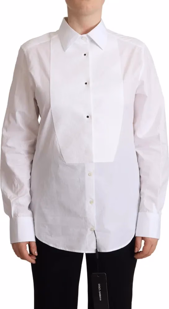 Dolce & Gabbana White Cotton Dress Collared Long Sleeves Shirt Top