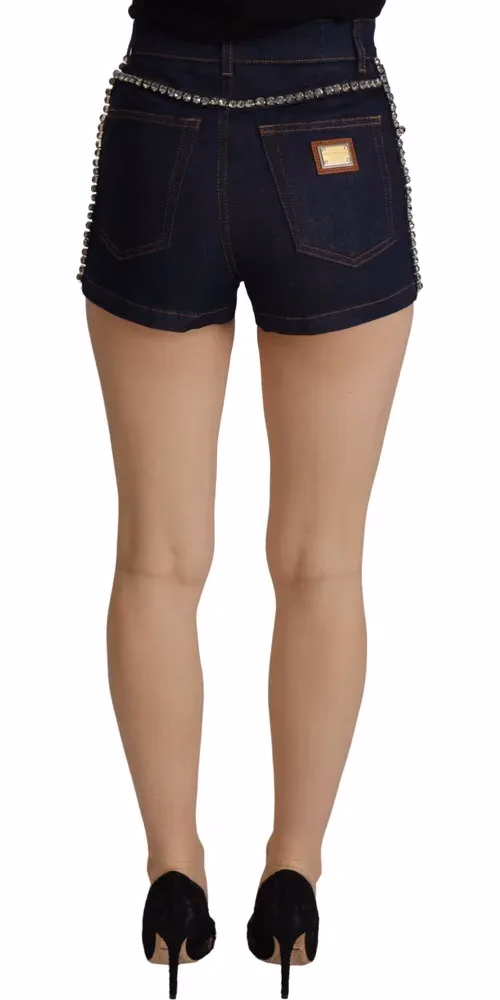 Dolce & Gabbana Blue Denim Stretch Crystal Hot Pants Shorts