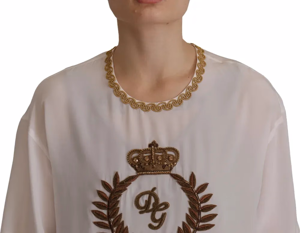 Dolce & Gabbana White Silk Gold DG Crown Crystal Blouse Top