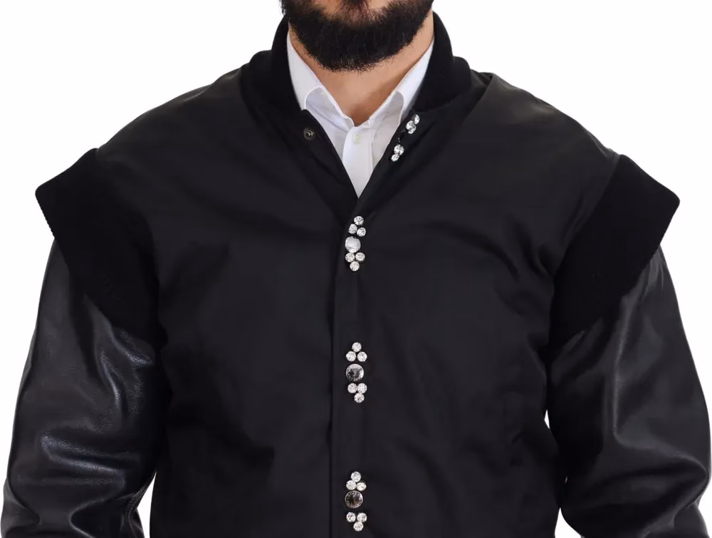 Dolce & Gabbana Black Nylon Crystals Coat Buttons Jacket