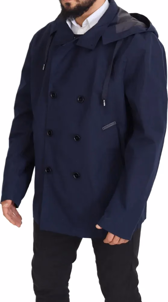Dolce & Gabbana Blue Hooded Double Breasted Coat Jacket