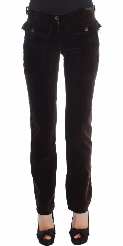 Ermanno Scervino Brown Cotton Velvet Zippers Slim Fit Pants