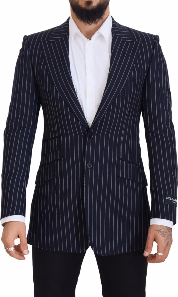 Dolce & Gabbana Dark Blue Stripe Wool Single Breasted Blazer