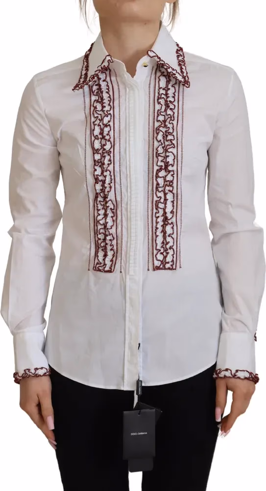 Dolce & Gabbana White Lace Long Sleeves Ruffle Collar Top
