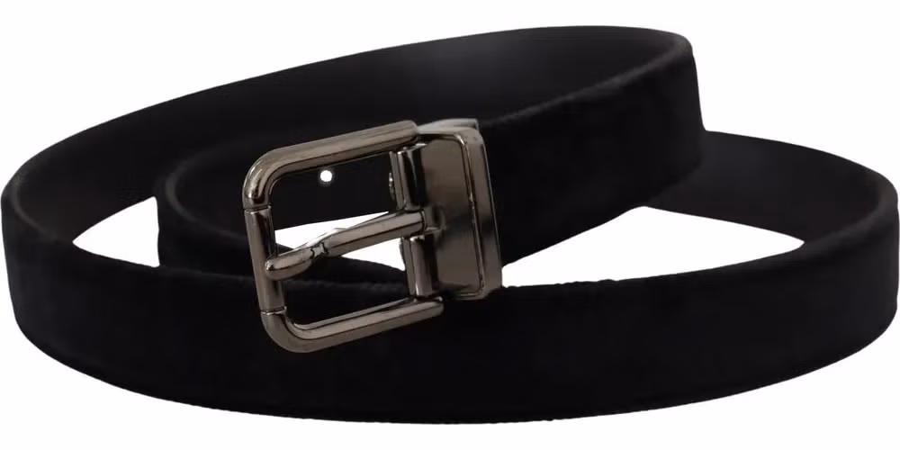 Dolce & Gabbana Black Velvet Silver Tone Logo Metal Buckle Belt