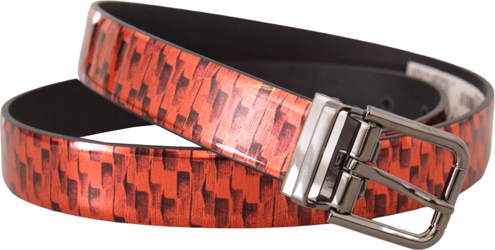 Dolce & Gabbana Red Herringbone Leather Gray Tone Buckle Belt