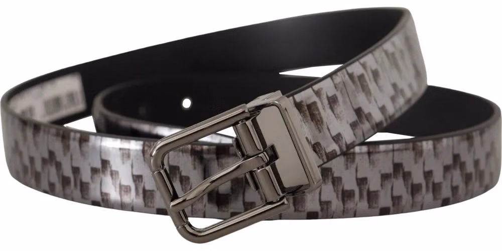 Dolce & Gabbana Gray Herringbone Leather Gray 3D Metal Buckle Belt