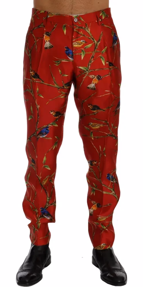 Dolce & Gabbana Red Silk Bird Print Dress Pants