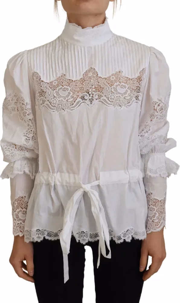 Dolce & Gabbana White Cotton Lace Trim Turtle Neck Blouse Top