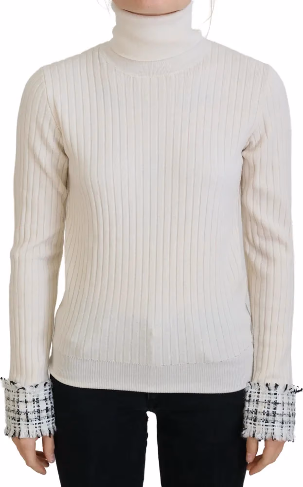 Dolce & Gabbana Ivory Turtleneck Distressed Cuff Pullover Sweater