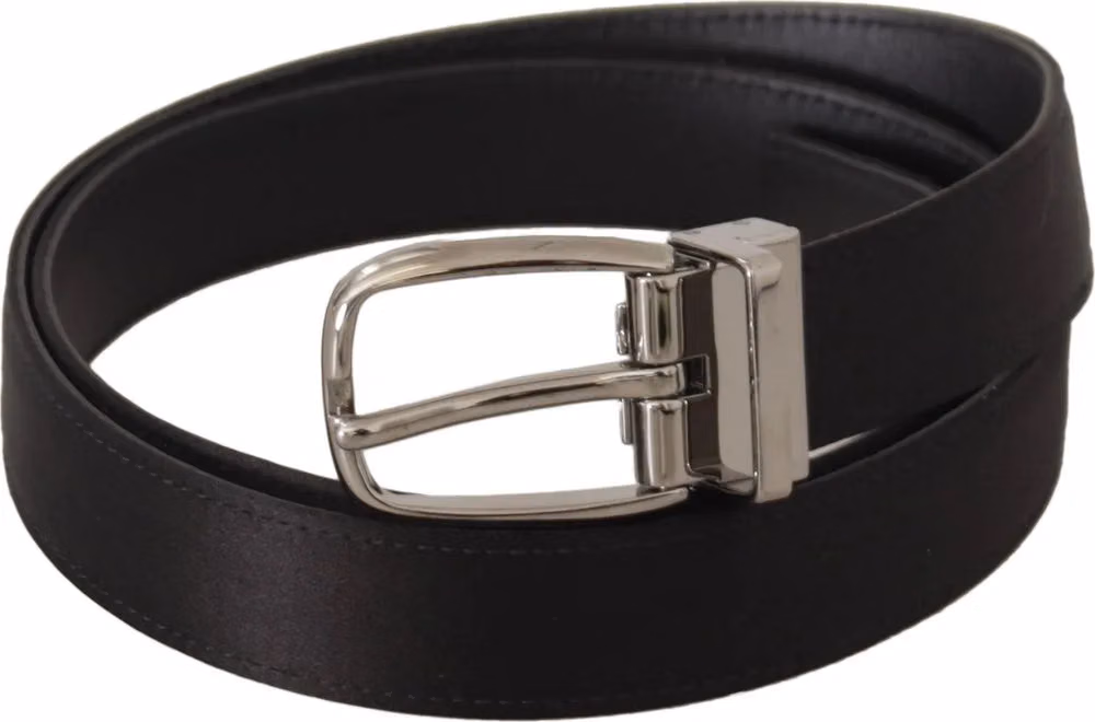 Dolce & Gabbana Black Calf Leather Silver Logo Metal Buckle Belt
