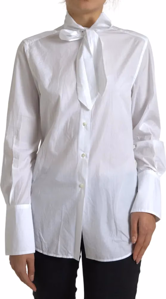 Dolce & Gabbana White Cotton Ascot Collar Long Sleeves Top