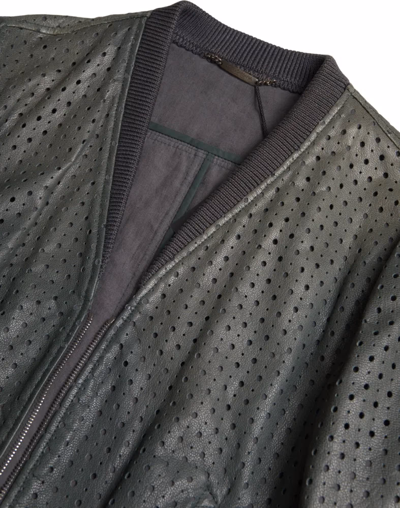 Dolce & Gabbana Green Perforated Leather Bomber Jacket