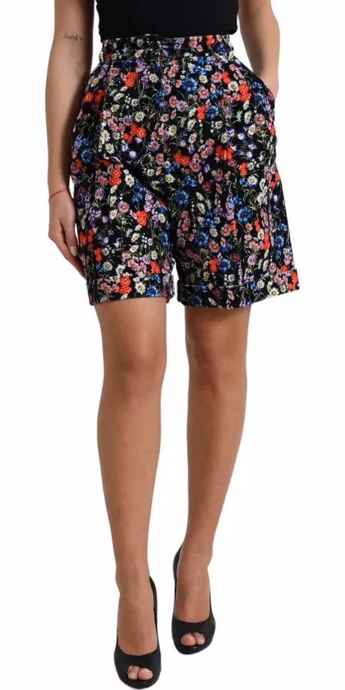 Dolce & Gabbana Black Floral High Waist Hot Pants Shorts