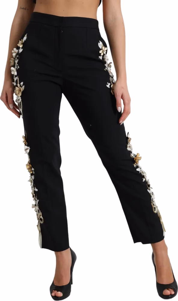 Dolce & Gabbana Black Floral Applique High Waist Tapered Pants