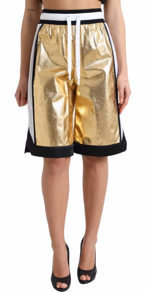 Dolce & Gabbana Gold Polyester Perforated High Waist Shorts