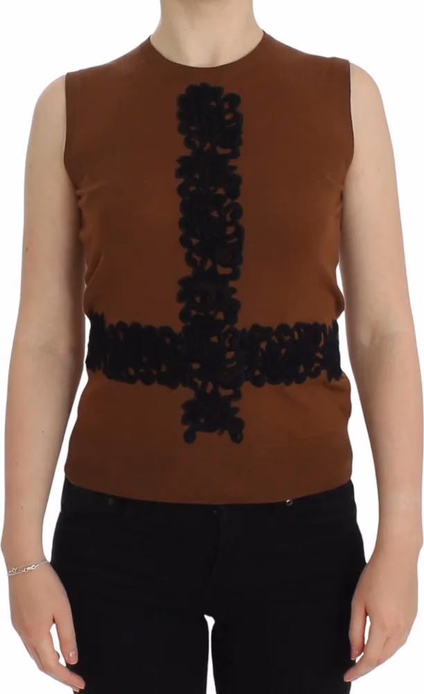 Dolce & Gabbana Brown Wool Black Lace Vest Sweater Top