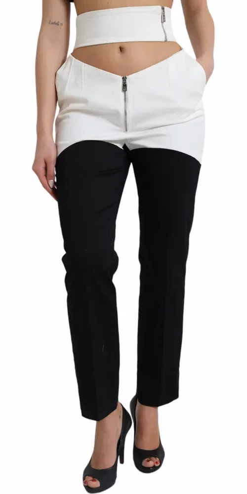 Dolce & Gabbana Black White Cotton Cut Out Waist Tapered Pants