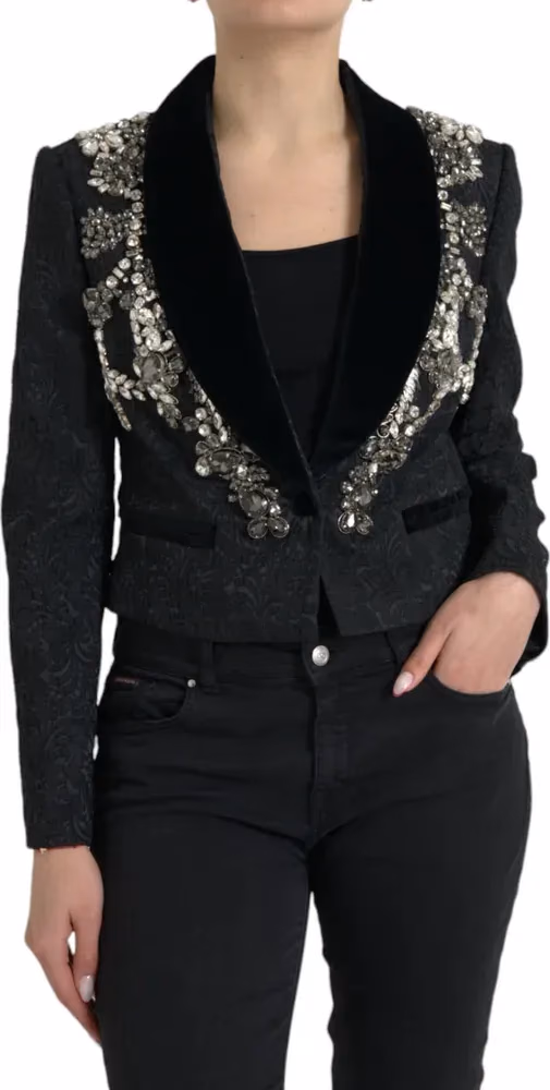 Dolce & Gabbana Black Crystal Embellished Overcoat Jacket