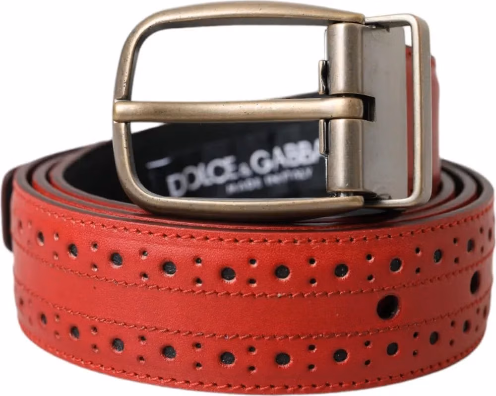 Dolce & Gabbana Red Perforated Leather Metal Buckle Belt Men